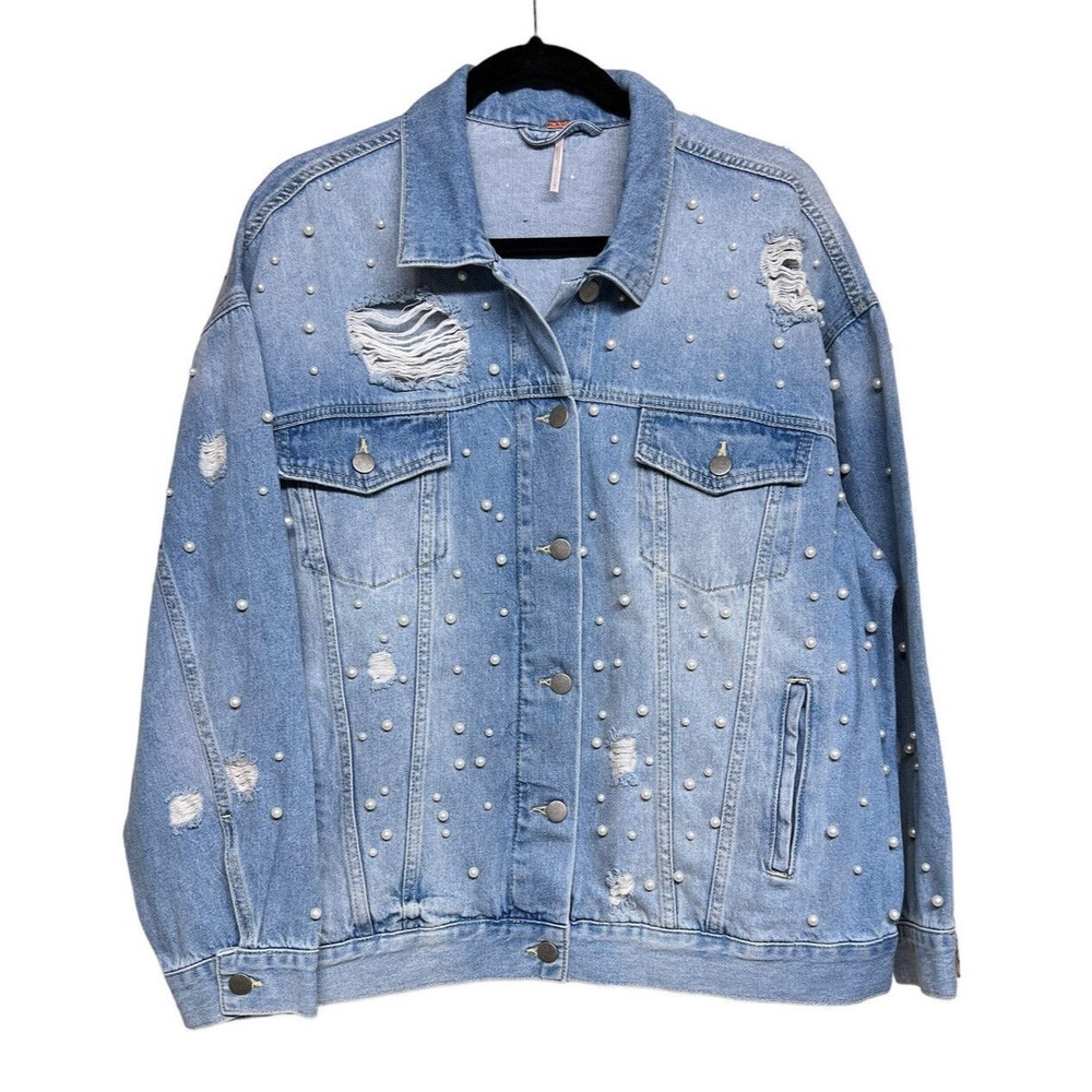 Free People Sunday Funday Oversized Pearl Denim Jacket Women’s Size Medium